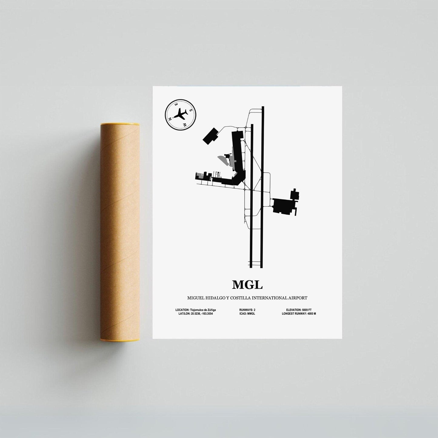 MGL, Miguel Hidalgo Y Costilla International Airport – Airport Design Map, Aviation Poster