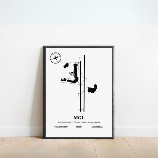 MGL, Miguel Hidalgo Y Costilla International Airport – Airport Design Map, Aviation Poster