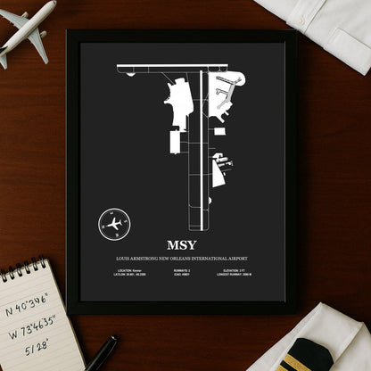 MSY, Louis Armstrong New Orleans International Airport – Airport Design Map, Aviation Poster