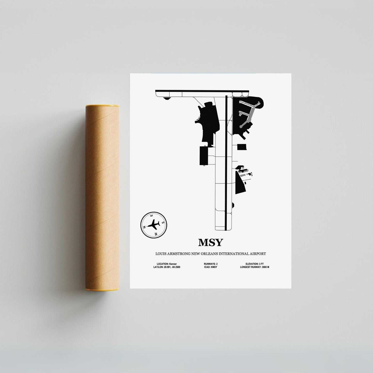 MSY, Louis Armstrong New Orleans International Airport – Airport Design Map, Aviation Poster