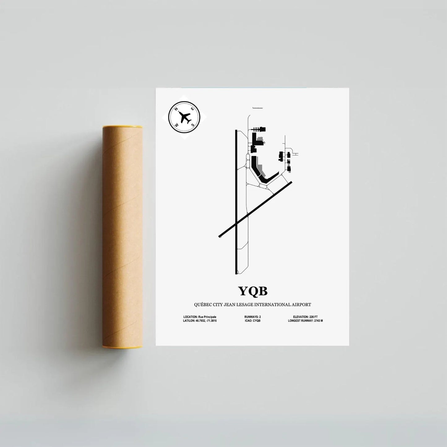 YQB, Québec City Jean Lesage International Airport – Airport Design Map, Aviation Poster