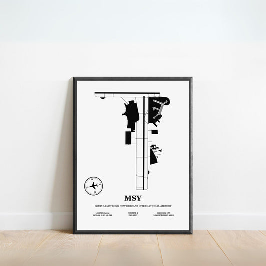 MSY, Louis Armstrong New Orleans International Airport – Airport Design Map, Aviation Poster