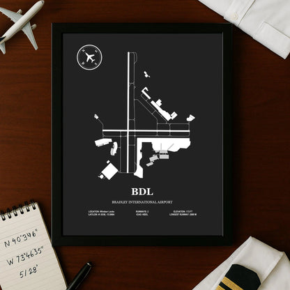 BDL, Bradley International Airport – Airport Design Map, Aviation Poster