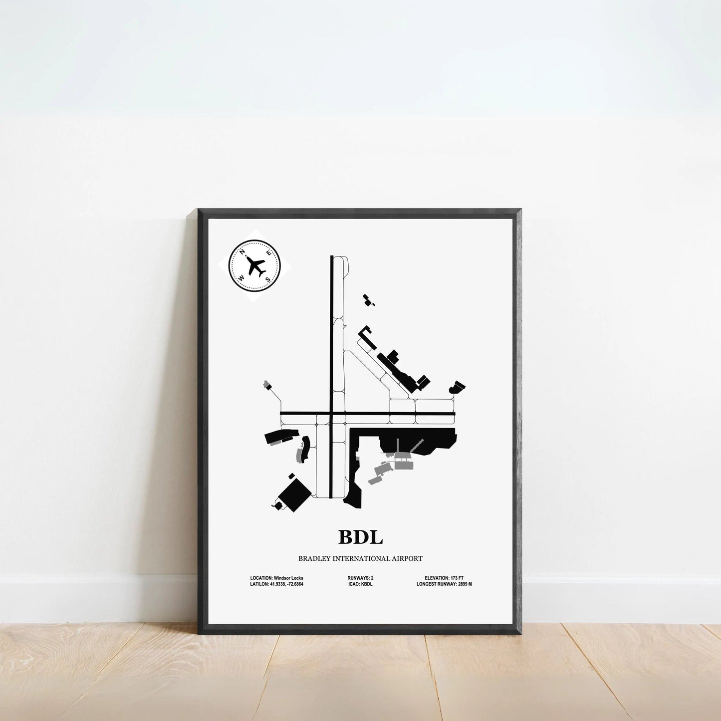 BDL, Bradley International Airport – Airport Design Map, Aviation Poster