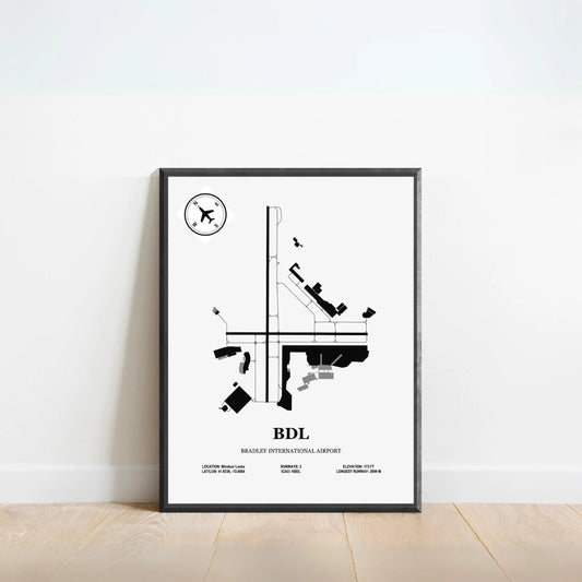 BDL, Bradley International Airport – Airport Design Map, Aviation Poster