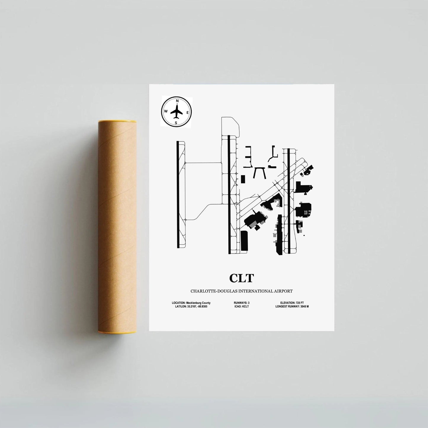 CLT, Charlotte–Douglas International Airport – Airport Design Map, Aviation Poster