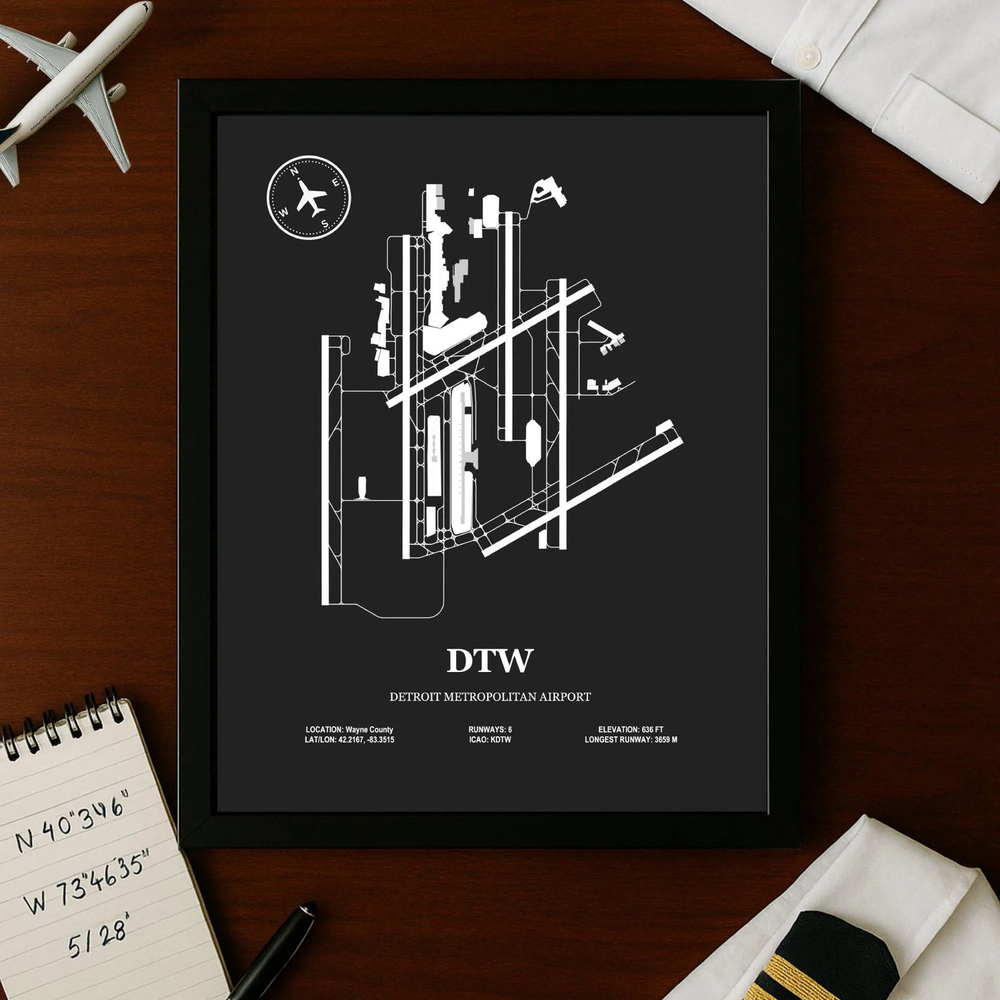 DTW, Detroit Metropolitan Airport – Airport Design Map, Aviation Poster