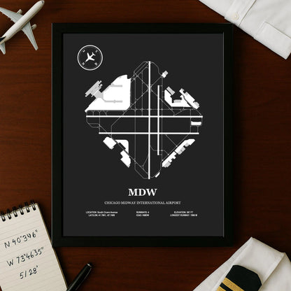 MDW, Chicago Midway International Airport – Airport Design Map, Aviation Poster
