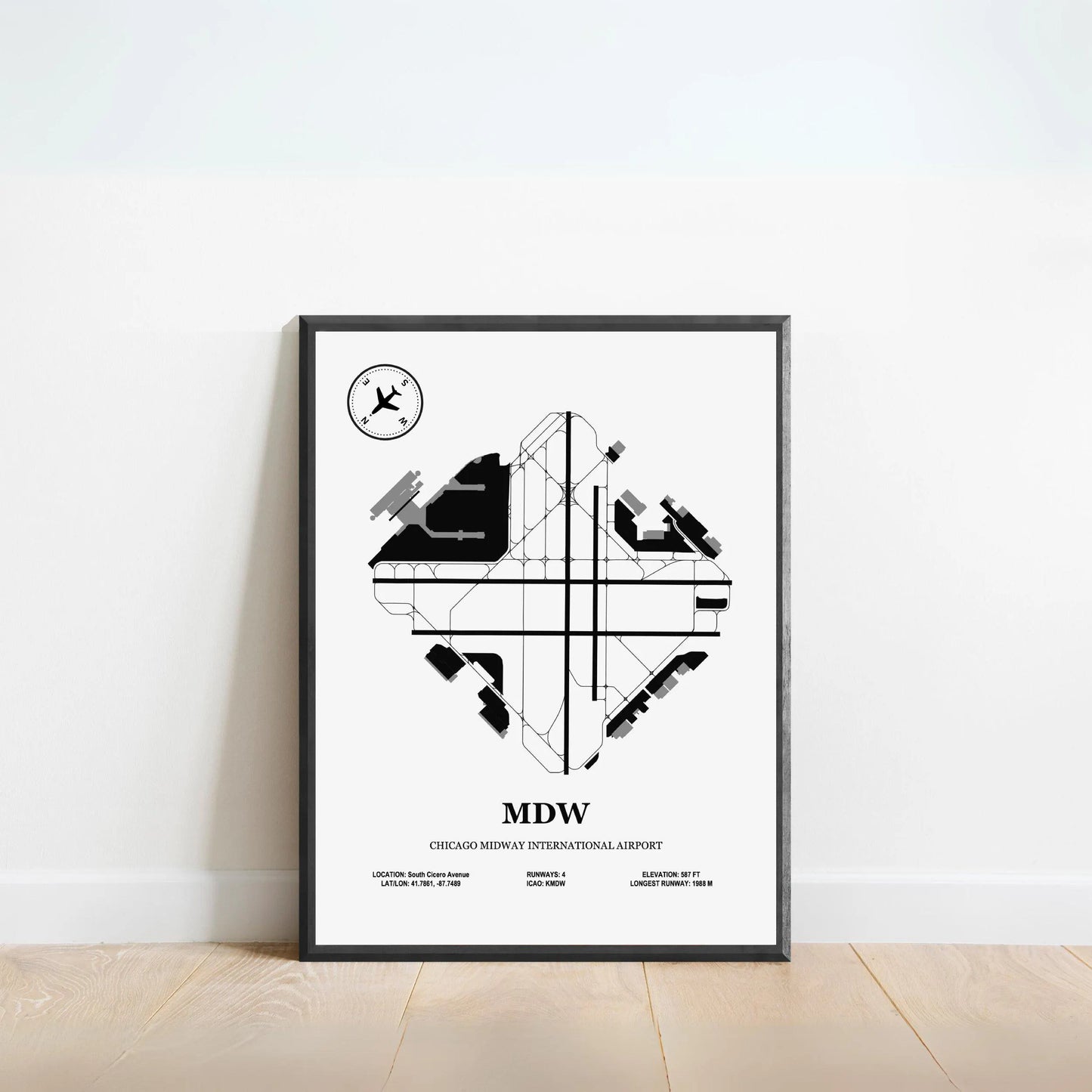 MDW, Chicago Midway International Airport – Airport Design Map, Aviation Poster