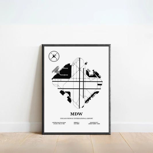 MDW, Chicago Midway International Airport – Airport Design Map, Aviation Poster