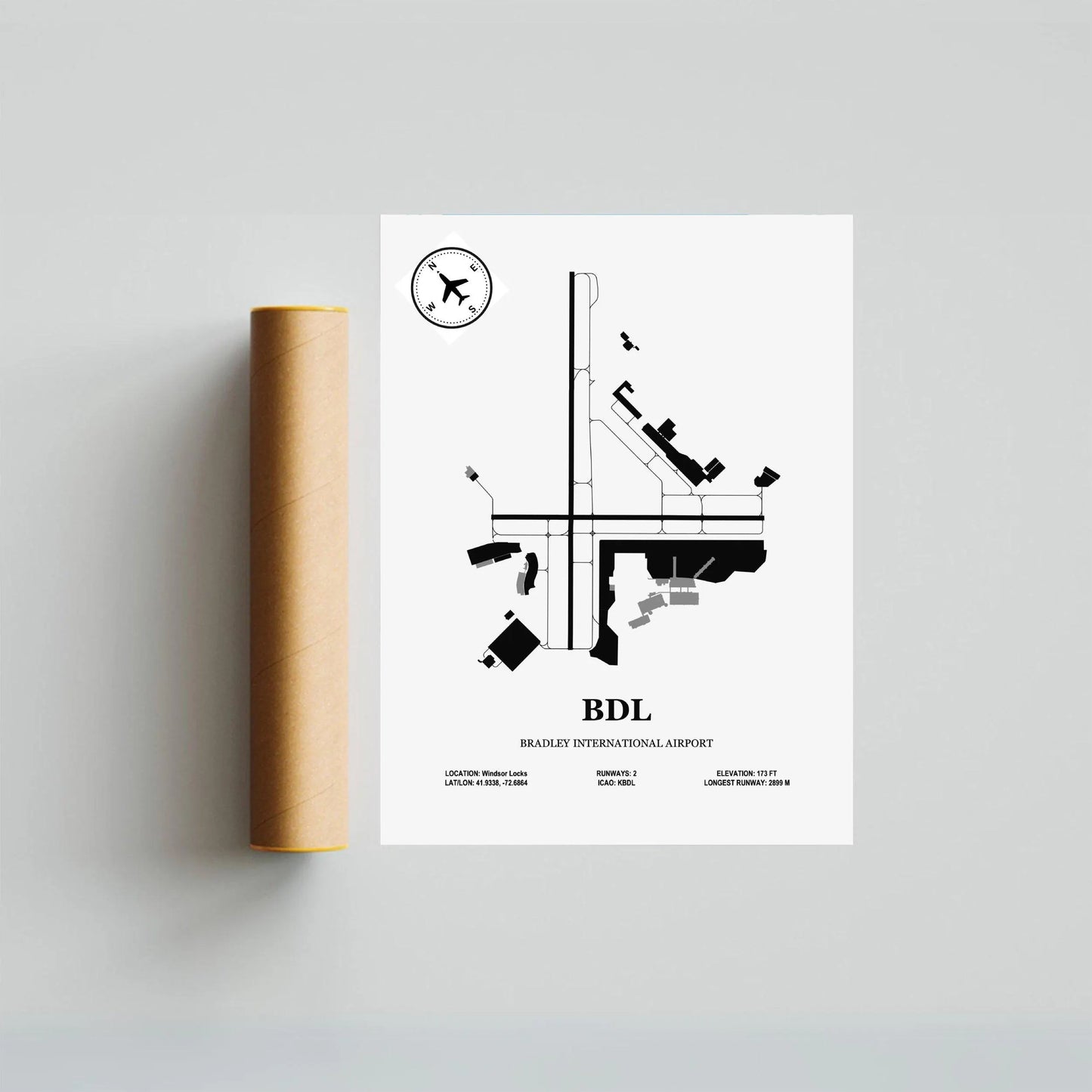 BDL, Bradley International Airport – Airport Design Map, Aviation Poster
