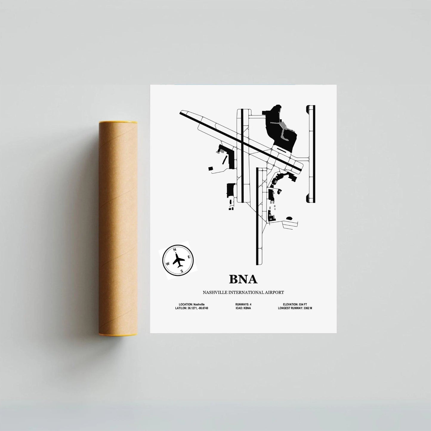 BNA, Nashville International Airport – Airport Design Map, Aviation Poster