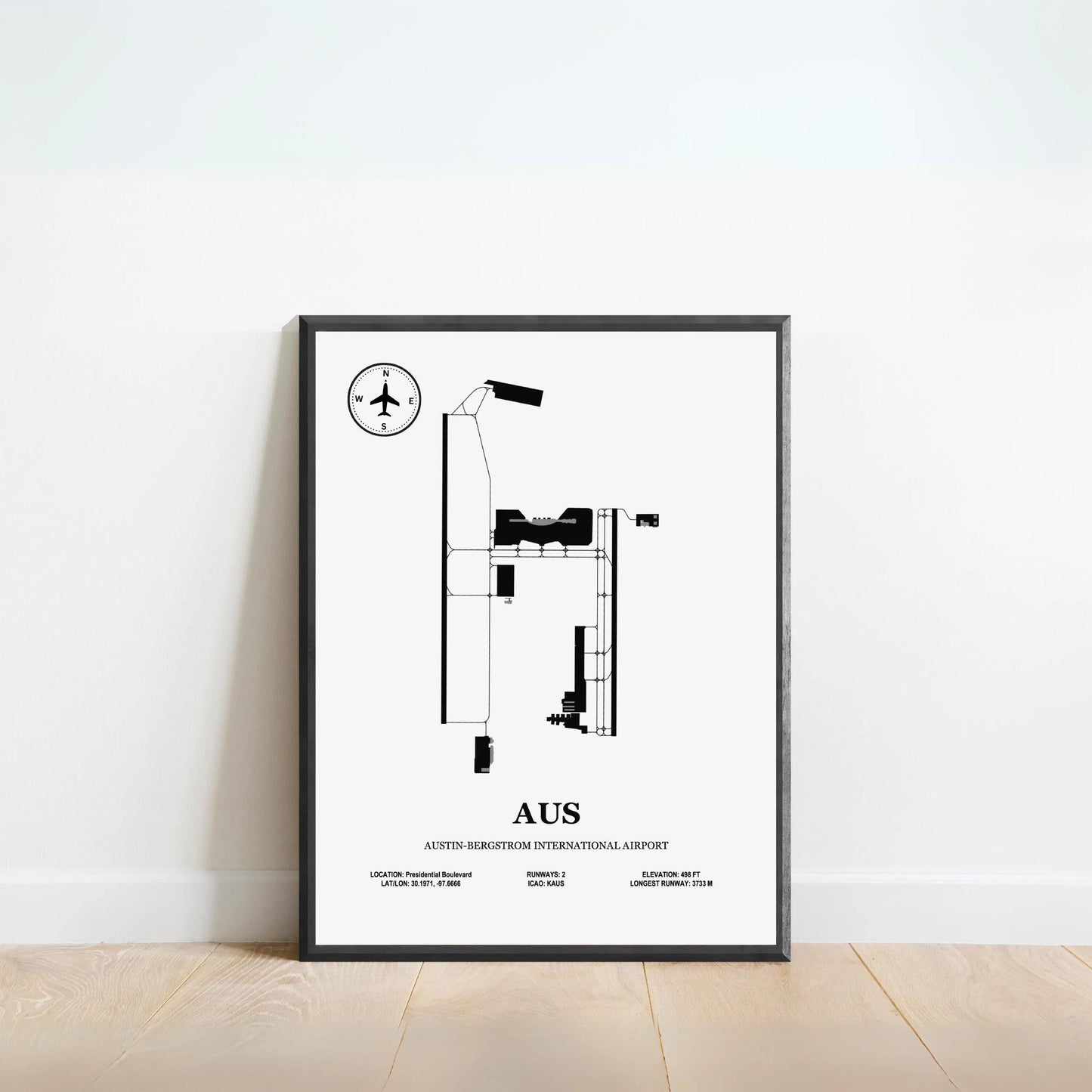AUS, Austin–Bergstrom International Airport – Airport Design Map, Aviation Poster
