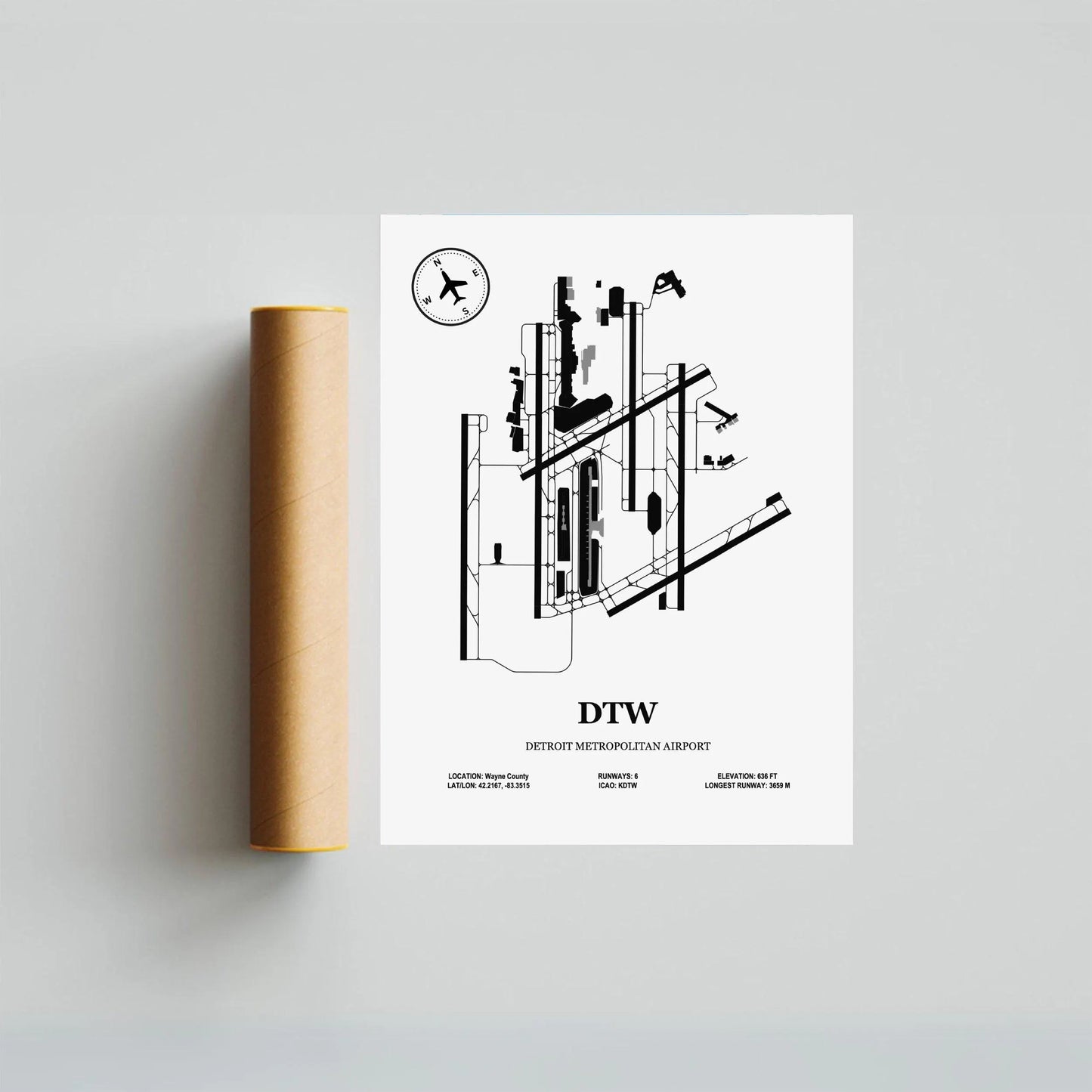 DTW, Detroit Metropolitan Airport – Airport Design Map, Aviation Poster