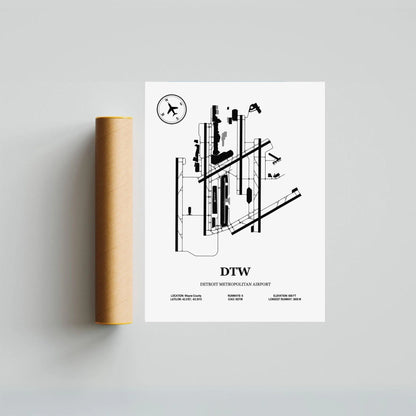 DTW, Detroit Metropolitan Airport – Airport Design Map, Aviation Poster
