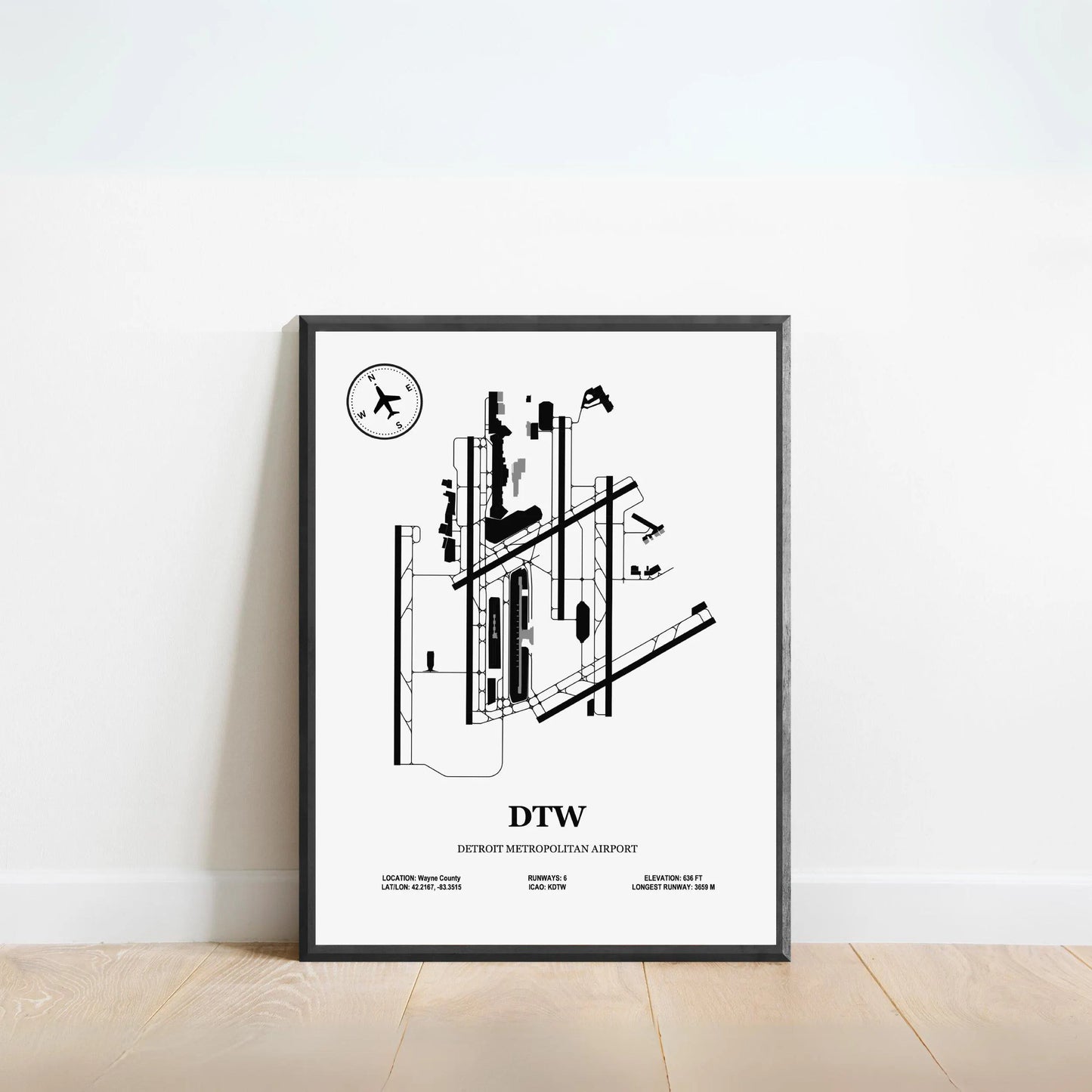 DTW, Detroit Metropolitan Airport – Airport Design Map, Aviation Poster