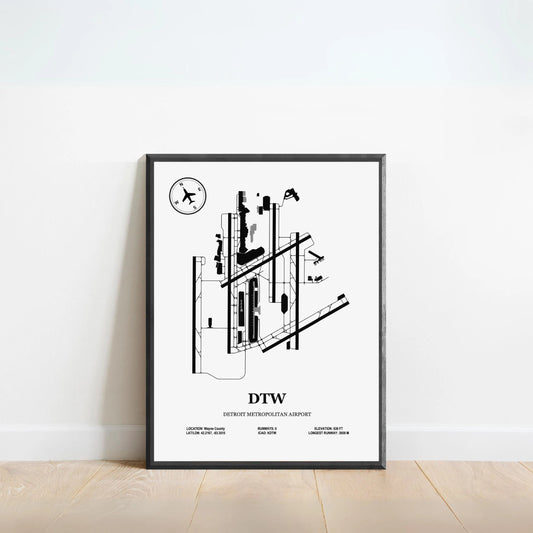 DTW, Detroit Metropolitan Airport – Airport Design Map, Aviation Poster