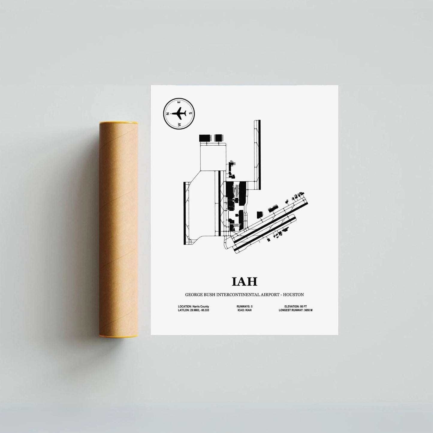 IAH, George Bush Intercontinental Airport – Houston – Airport Design Map, Aviation Poster
