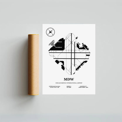 MDW, Chicago Midway International Airport – Airport Design Map, Aviation Poster