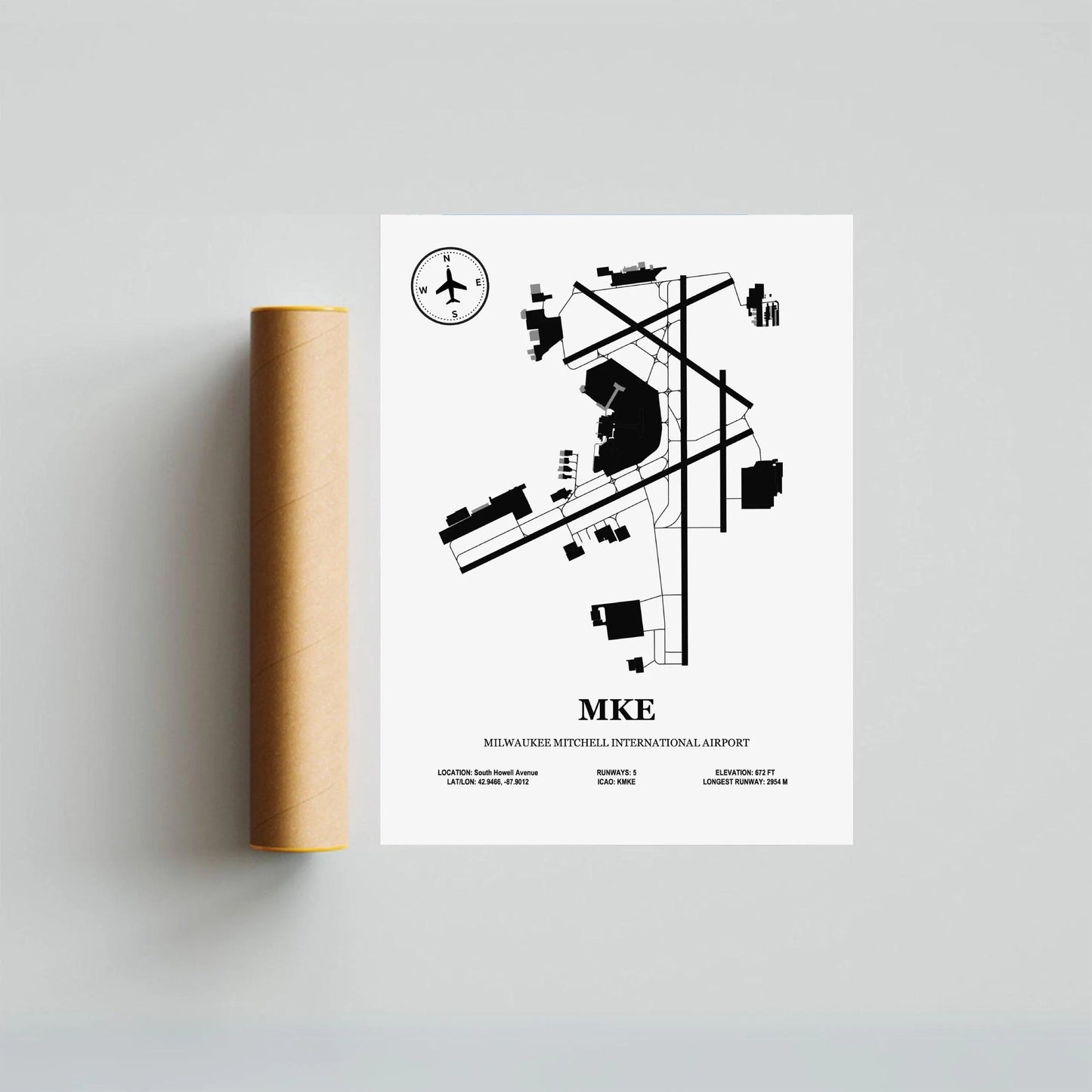 MKE, Milwaukee Mitchell International Airport – Airport Design Map, Aviation Poster