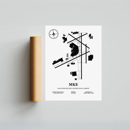 MKE, Milwaukee Mitchell International Airport – Airport Design Map, Aviation Poster