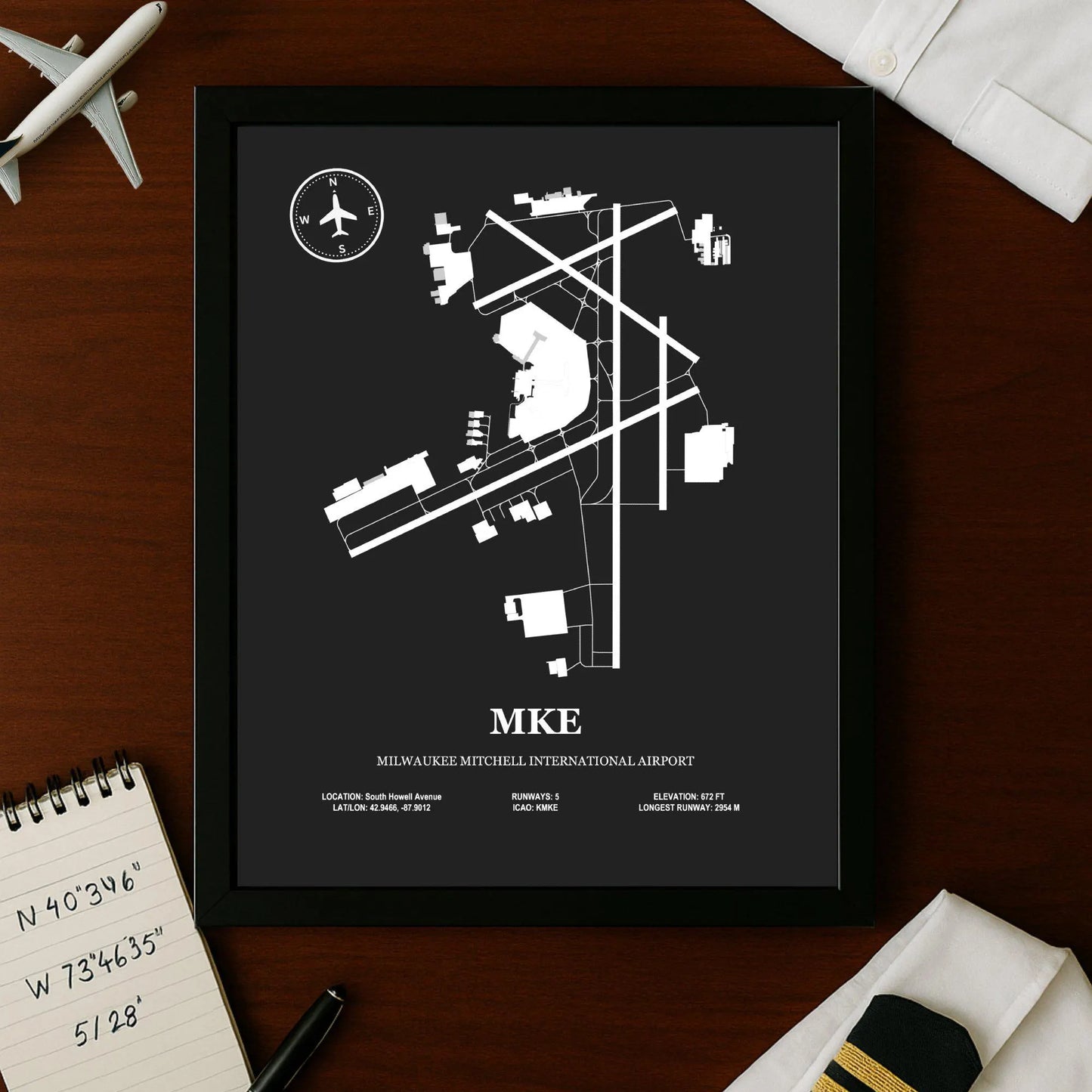 MKE, Milwaukee Mitchell International Airport – Airport Design Map, Aviation Poster